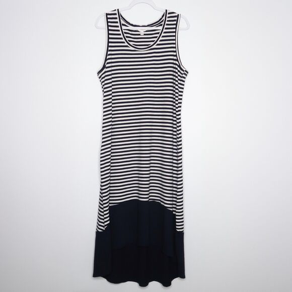 Time and Tru Dress Size XL Navy Blue Striped High Lo Maxi Vacation Resort‎ - Picture 1 of 7